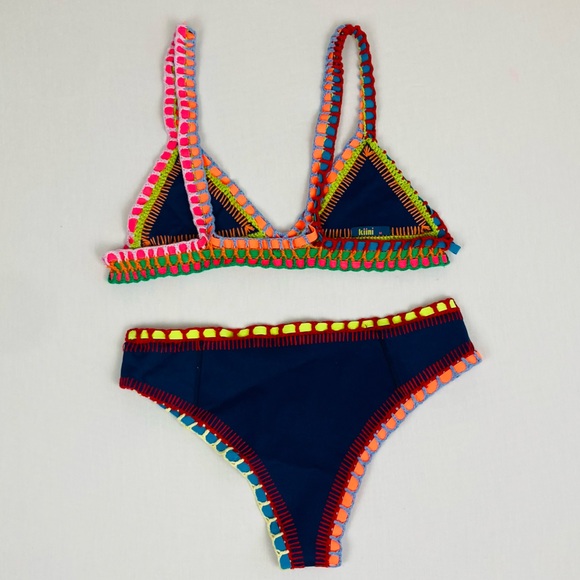 Kiini navy blue with multicolored elastic & crochet “Tasmin” two piece bikini. M - Picture 5 of 6